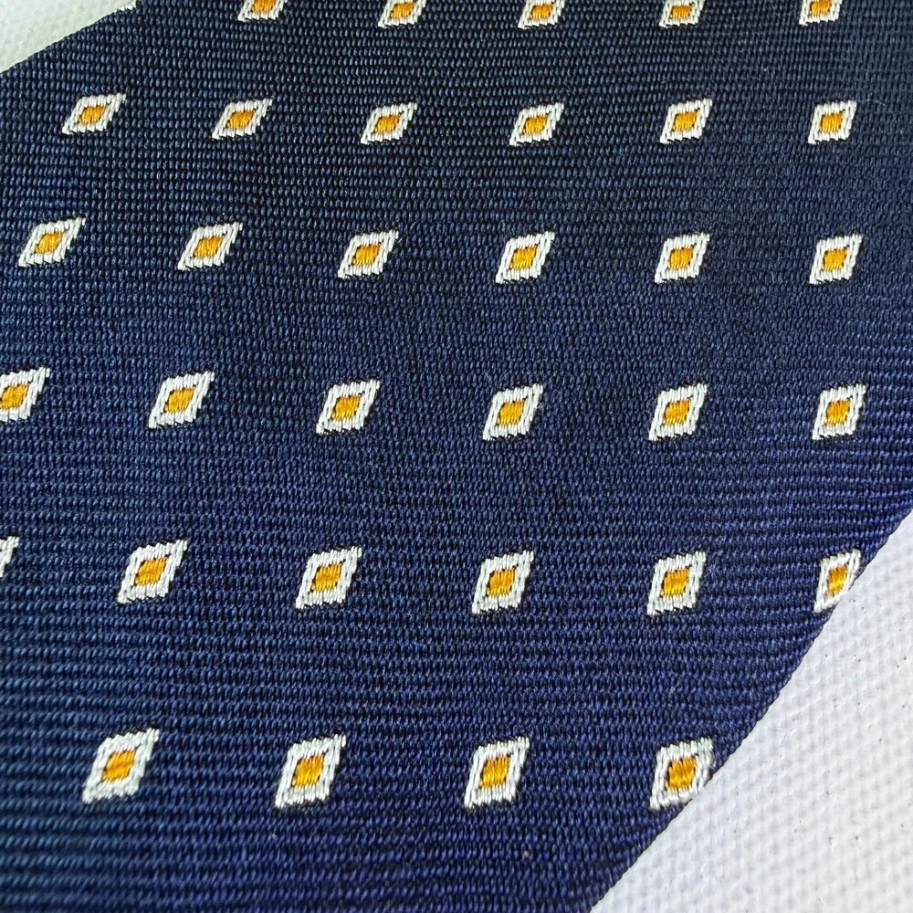 VTG Polo Ralph Lauren Silk Tie Navy Blue Yellow White Diamond Geometric Italy